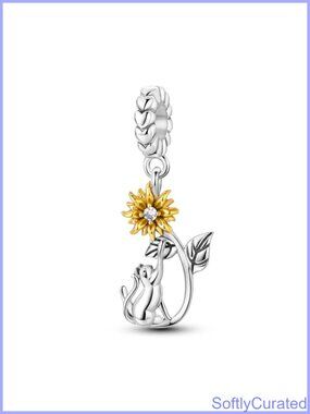 925 Sterling Silver Cat Sunflower Charm for Bracelets & Charm Necklaces